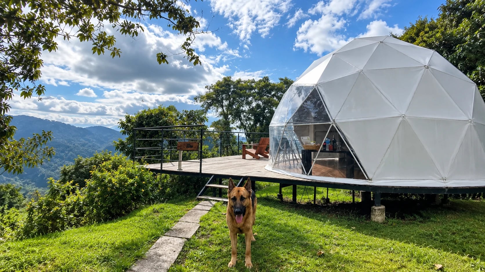 Domo del glamping con su terraza frente a las montañas de Caldas
